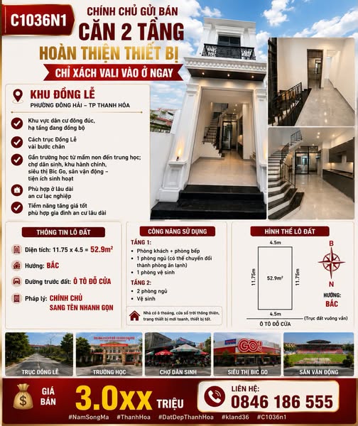 Căn 2 tầng hoàn thiện thiết bị chỉ xách vali vào ở ngay đang xây mới toanh khu đồng Lễ, Phường Đông hải– TP Thanh Hóa (C1036n1)