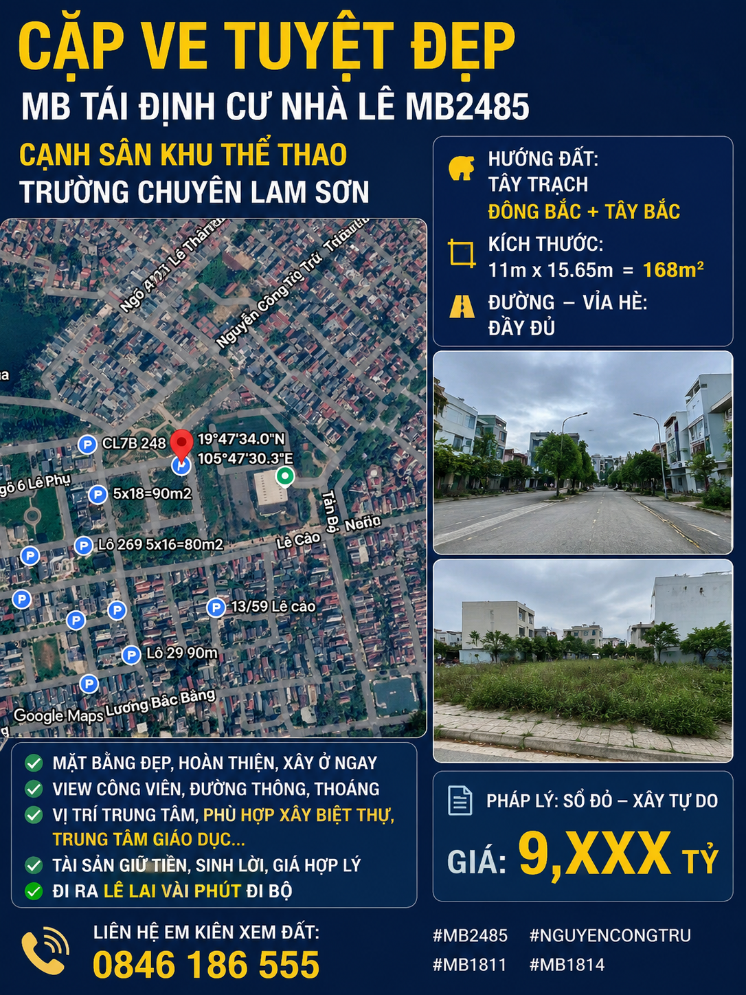 Phường Đông Sơn- Cặp ve tuyệt đẹp MB Tái định cư nhà lê MB2485 - cạnh sân khu thể thao trường Lam Sơn